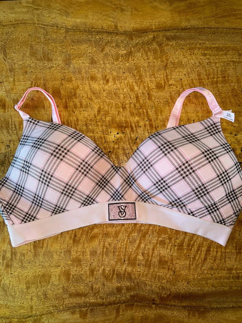 NWT Victoria's Secret Pink Black Plaid Wireless Bra, Sz 38C